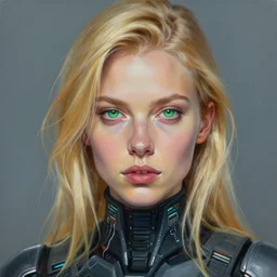 a portrait of a blonde woman with green eyes, with cyberpunk cloth, a photorealistic painting by mandy jurgens, trending on artstation, photorealism, detailed painting, behance hd, hyper realism