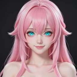 stunningly beautiful omnipotent megalomaniacal anime goddess with porcelain skin, pink hair and mesmerizing cyan eyes, symmetrical perfect face smiling in a mischievous haughty way, mid view, hyperdetailed, 2 d, 8 k
