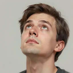 digital painting of a man looking upwards, eyes wide open in wonder, awestruck, in the style of pixar, up, character, white background