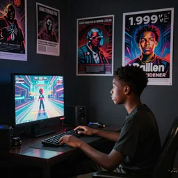 a black boy playing video - game in your dark room!!! ( 1 9 9 0 s ) posters on wall, elegant digital art high detailed, volumetric light - s 1 5 0