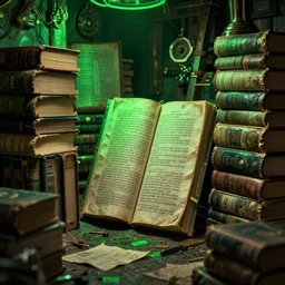 hyperrealistic ultra detailed over many a quaint and curious volume of forgotten lore very dramatic green neon lighting on one side wide angle 35mm shallow depth of field 8k