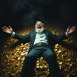 an overhead view of a greedy old bearded man in a suit laughing hysterically who is lying on a big pile of gold with his arms and legs outstretched. photorealistic, very dark room, cinematic, smoke, dark, moody, smokey lighting, dimly lit in a neo noir style