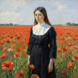 nun at poppy field by beksinski van gog hyperrealism detailed masterpiece doomy