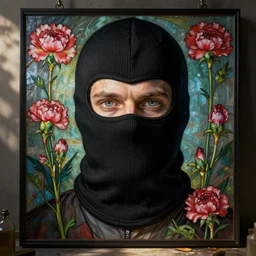 white man wearing black balaclava, highly detailed face, haunting eyes, by gustave dore. back glass painting, carnation, encaustic painting, b - roll, establishing shot, dappled light, crime scene photography, 8 k, vray, unreal engine, blender cycles, colorful