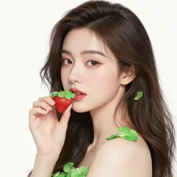 the portrait of an absurdly beautiful, graceful, elegant, young woman made of strawberries and green petals, an ultrafine hyperrealistic detailed illustration by kim jung gi, irakli nadar, intricate linework, bright colors, octopath traveler, final fantasy, angular, unreal engine 5 highly rendered, global illumination, radiant light, detailed and intricate environment