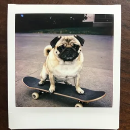 a pug on a skateboard, polaroid, realistic