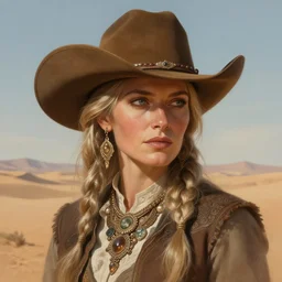 old cowboy woman portrait, desert background, fantasy, intricate, elegant, highly detailed, digital painting, artstation, concept art, smooth, sharp focus, illustration, art by alex alice and afshar petros and krenz cushart and artem demura and tony sandoval