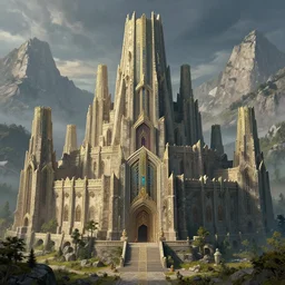 monumental Dwarven fortress in the mountains | dwarven architecture | art deco | photorealistic | hyper detailed | volumetric lighting | thomas kinkade