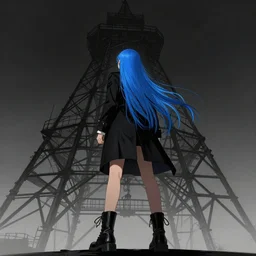 low - angle shot from behind of a long blue - haired girl in a tailcoat looking up at the tower, combat boots, noir, screenshot, sharp focus, intricate, illustration, cell shaded, digital painting, highly detailed, straight hair, art by ilya kuvshinov, wlop, greg rutkowski, studio quality, james jean