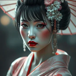 portrait of beautiful japan cyberpunk geisha, by nick silva, ja mong, greg rutkowsky, digital, soft painting, photorealism, skin reflections