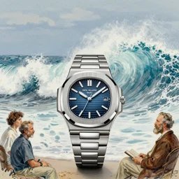 wide shot, big and free background, rule of third. digital art of luxury watch patek philippe nautilus reference number 5 7 1 1 / 1 a - 0 1 0, blue dial, steel bracelet and case. drawn by krenz cushart peter mohrbacher norman rockwell michael cheval gerald brom alphonse mucha, ambient, french wave