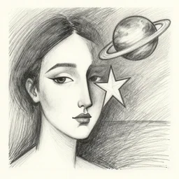 A face + a star + a planet + the sea + love + Ink drawing + Abstract art + Pencil Sketch + by Wassily Kandinsky +
