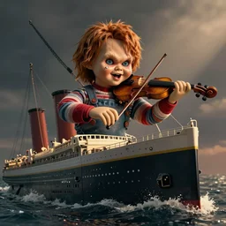 screaming chucky doll on sinking titanic playing violin