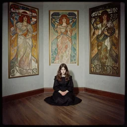 a lonely girl in an empty room, colored daguerreotype, by schiele, by mucha, by Mackintosh, eerie, weird
