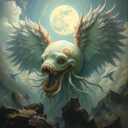 concept art of giant jellyfish, lovecraftian, lots of teeth, melting horror, large wings made of fluffy feathers, round moon, rich clouds, fighting the horrors of the unknown, high resolution, very detailed, roaring, volumetric light, mist, grim, fine art, decaying, textured oil over canvas, epic fantasy art, very colorful, ornate