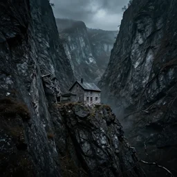 a house on a steep rock, horrific canyon, by knight, chad, unsetteling