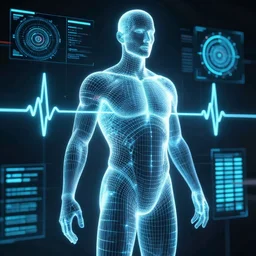human performance, wireframe human, heartbeat, glowing wireframe, future scifi scene, biometric dials and displays in background, high detail, precise lines, angular, vector, biometric sensors, technical diagram