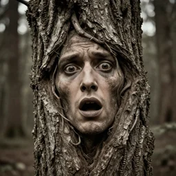 shocked human face intertwined and fused with a tree bark in an ominous forest, 1900s photography