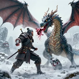 fantasy warrior being eaten by a dragon in the snow