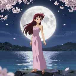 Renamon from Digimon in front of the moon by a shimmering lake, sakura petals around her, moonlight, elegant, nighttime, low angle, stars,