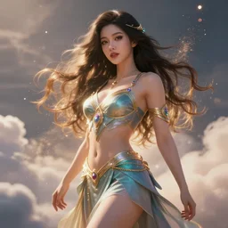a beautiful female goddess of the spotify character, character is in all its glory, character is in her natural relaxed pose, rim lights, particles and dust in the air, fancy clouds, highly detailed professional photo, dynamic lights, particles are flying, depth of field, trending on artstation, professional illustration, hyper realistic, vray caustics, super detailed, colorful accents, cinematic shot