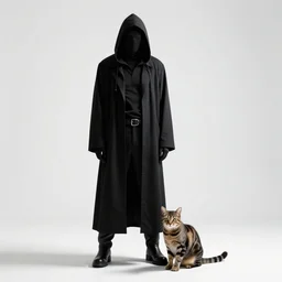 hooded evil genius with cat, studio photography, full body, standing, isolated on a pure white background, centered, whole figure in frame, sharp focus, studio lighting