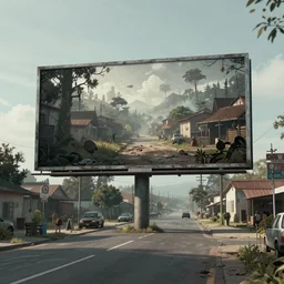 a dystopian future image of a street in a rural town on a billboard in that same street in the present day. the picture on the billboard has the exact same viewpoint