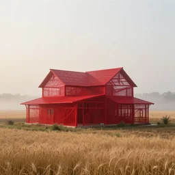 a parametric architecture farmhouse made of ethereal red thread. the farmhouse stands in an rural american landscape with fields of wheat. foggy at dawn