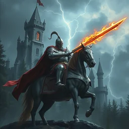 knight mounted in a horser, wielding a greatsword of fire with electricity element, standing in frontal of a castle, castle realistic, armor elemental hyperrealism, big forest world fantasy hyperrealism, sky with lightning clouds, hyperrealism by greg rutkowski hyperrealism