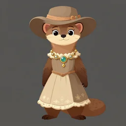 detailed flat 2 d : female marten character : wearing jewlery : wearing a nice dress : wearing hat : head torso legs feet : lorax movie : artstation
