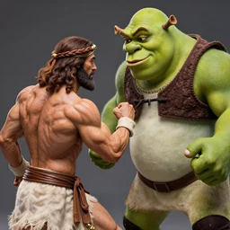 muscular jesus fighting muscular shrek, highly detailed, high quality, hd, 4 k, 8 k, canon 3 0 0 mm, professional photographer, 4 0 mp, lifelike, top - rated, award winning, realistic, sharp, no blur, edited, corrected, trending