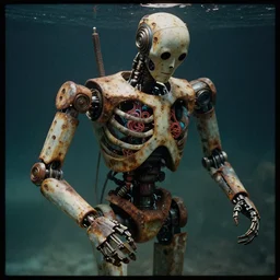 a photograph of a robot endoskeleton with some biological components submerged and rusted in the water, cinematic, volumetric lighting, f 8 aperture, cinematic eastman 5 3 8 4 film, photorealistic by greg rutkowski, by stanley artgerm, by alphonse mucha
