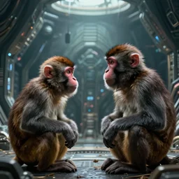 two macaques looking at each other inside alien base, digital art, soft shadows, creepy art