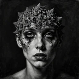 black dramatic portrait painting of human with black mandelbrot fractal instead of face, in style of zdzisław beksinski, dark, horror, body horror, scary,