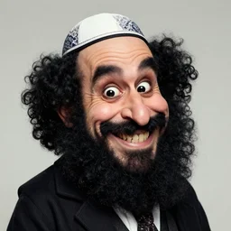 a happy merchant jew wearing kippah!!!, evil, tricky, black curly beard, black curly hair, black eyes, hooked nose, by greg rutkowski, artstation, by artgerm, by wlop