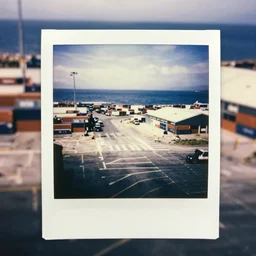 analog polaroid photograph of a harbor district with road markings, warehouse, sea containers, seen from directly above, high perspective, warm azure tones, out of focus, color bleed, duotone, heavy film grain, depth of field