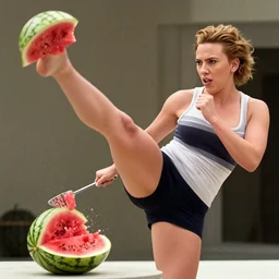 scarlett johansson roundhouse kicking and smashing a watermelon, film still, highly detailed, film grain, behind the scenes, photorealism