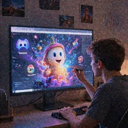 a wholesome illustration of a man and a computer monitor with imaginative and trippy elements popping out of the screen, screen UI has Discord, imagination, creativity, magic, computer monitor, photos hanging on the wall  Pixar and Disney animation, sharp, Rendered in Redshift and Unreal Engine 5 by Greg Rutkowski, Bloom, dramatic lighting