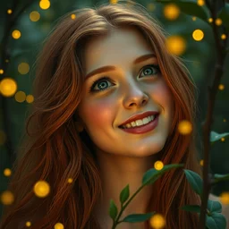 infp young woman, smiling amazed, golden fireflies lights, amidst of nature fully covered, long loose red hair, intricate linework, bright accurate green eyes, small nose with freckles, oval shape face, realistic, expressive emotions, dramatic lights spiritual scene, ultrafine art by artemisia gentileschi, caravaggio, jessica rossier, boris vallejo