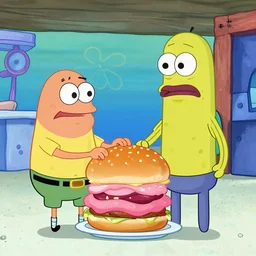 with patrick's help, mr. plankton and morty finally steal the secret of krabby patty burger in bikini bottom.