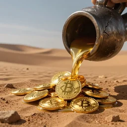 a pile of bitcoins melting into gold flow into a crucible which is cracked and leaking into a desert as a metaphor global warming