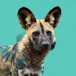 a geometric portrait of an african wild dog in teal, by paul lehr