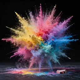 clashing powder, colored powder, chalk, studio lighting, explosive, black background