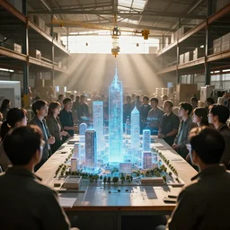 large group people in a frame warehouse, looking at hologram of futuristic city on a table, cinematic concept art, godrays, golden hour, natural sunlight, 4 k, clear details, tabletop model buildings, center tabletop model, hologram center, crane shot, crane shot, crane shot