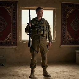 film still of a marine soldier with a sniper rifle on his back standing in a dusty room with traditional colorful carpets on the wall in front of a sandy window. moody, grainy, 4 k, high detail, aesthetic, good composition, anatomically correct, directed by clint eastwood,