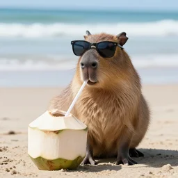 photo of a capybara with shades drinking coconut juice by the beach