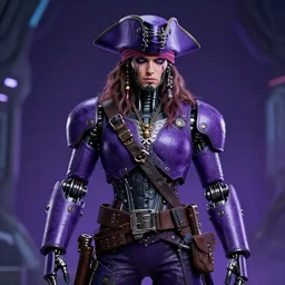 a portrait photo of a futuristic sci - fi pirate, purple themed, robot pirate