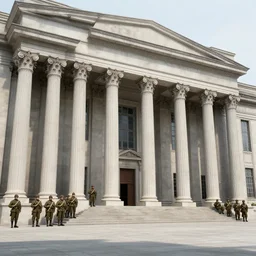 a brutalist building with roman style ionized columns and german ww 2 soldiers standing in front