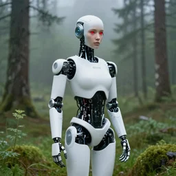 photorealistic render of a female humanoid white ai robot with red eyes, in a norwegian forest on a foggy rainy day with green vegetation, ultra detailed, trending on artstation, 4 k, film still of ex machina