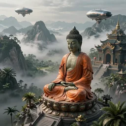 sci fi cinematic establishing shot of a single sitting buddha statue with an intricated orange robe, high detail digital painting a grey green buddhist temple on a misty high mountain in the style of tim white, high detailed valley with palm trees, high camera angle, mystic atmosphere, a detailed metallic temple on a misty mountain, shiny metallic airships with reflections, volumetric fog, perspective painting, atmospheric shot,